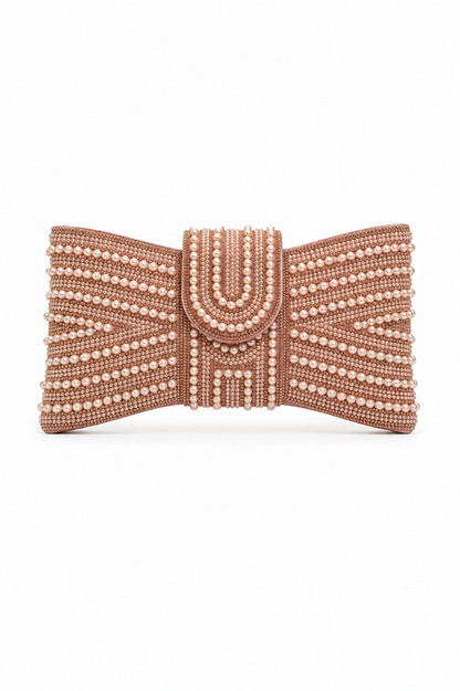 Sparkly Pearl Bow Clutch Bag Rose Gold