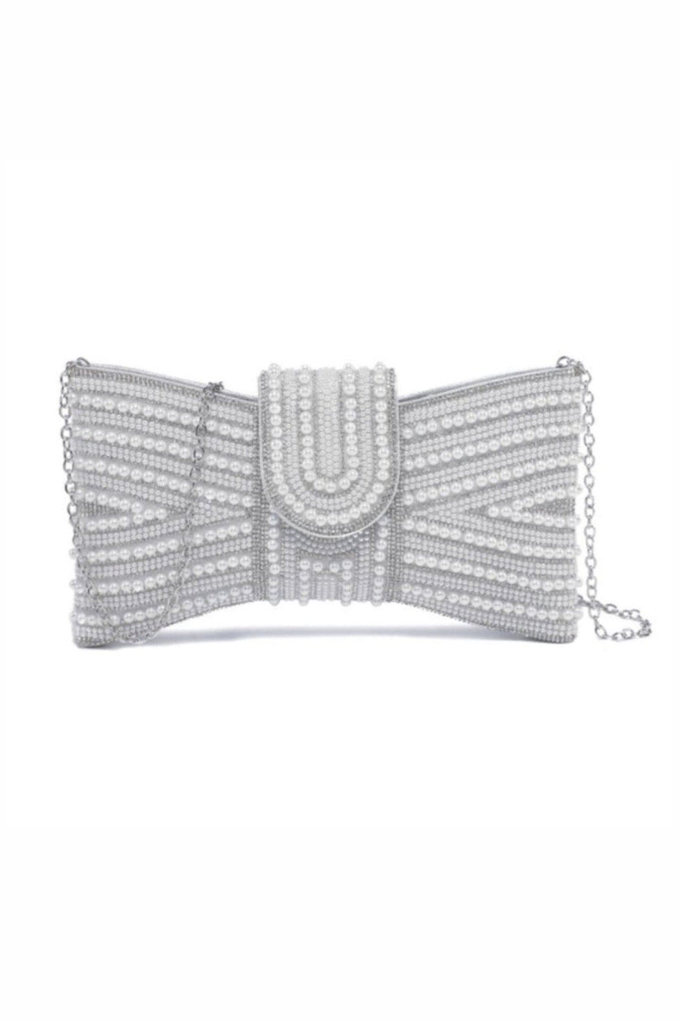 Sparkly Pearl Bow Clutch Bag Silver