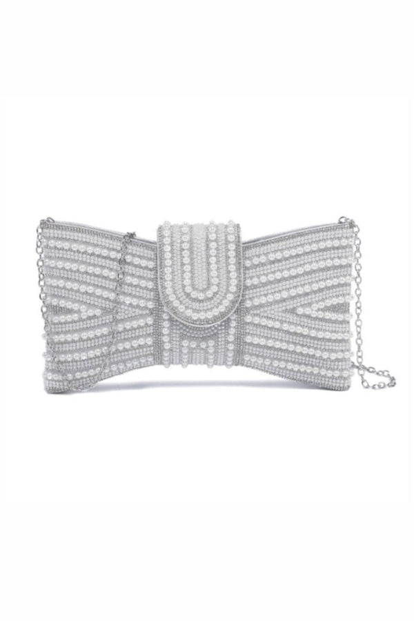 Sparkly Pearl Bow Clutch Bag Silver