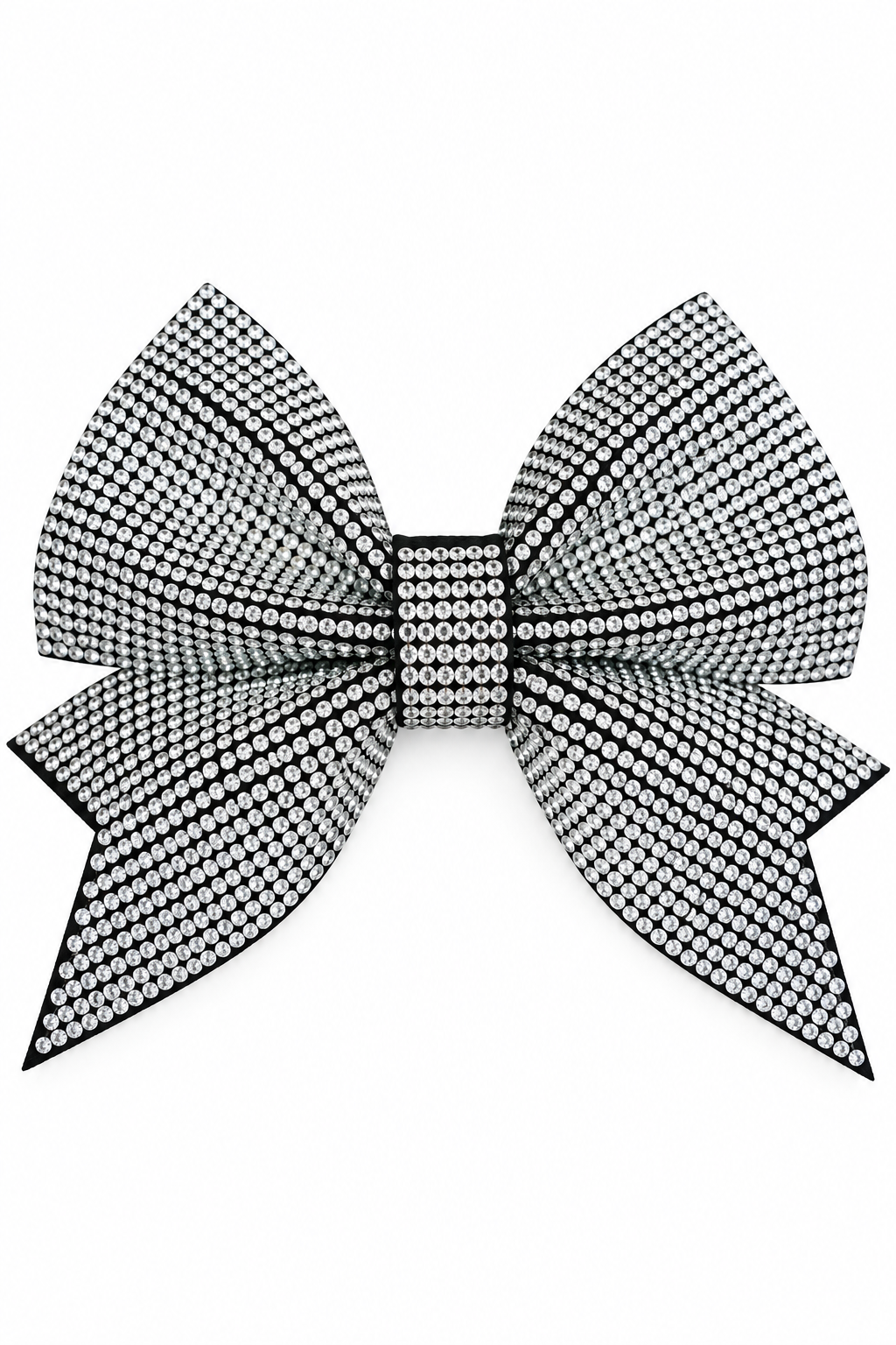 A large bow embellished with dense black and silver rhinestones, set against a plain white background.