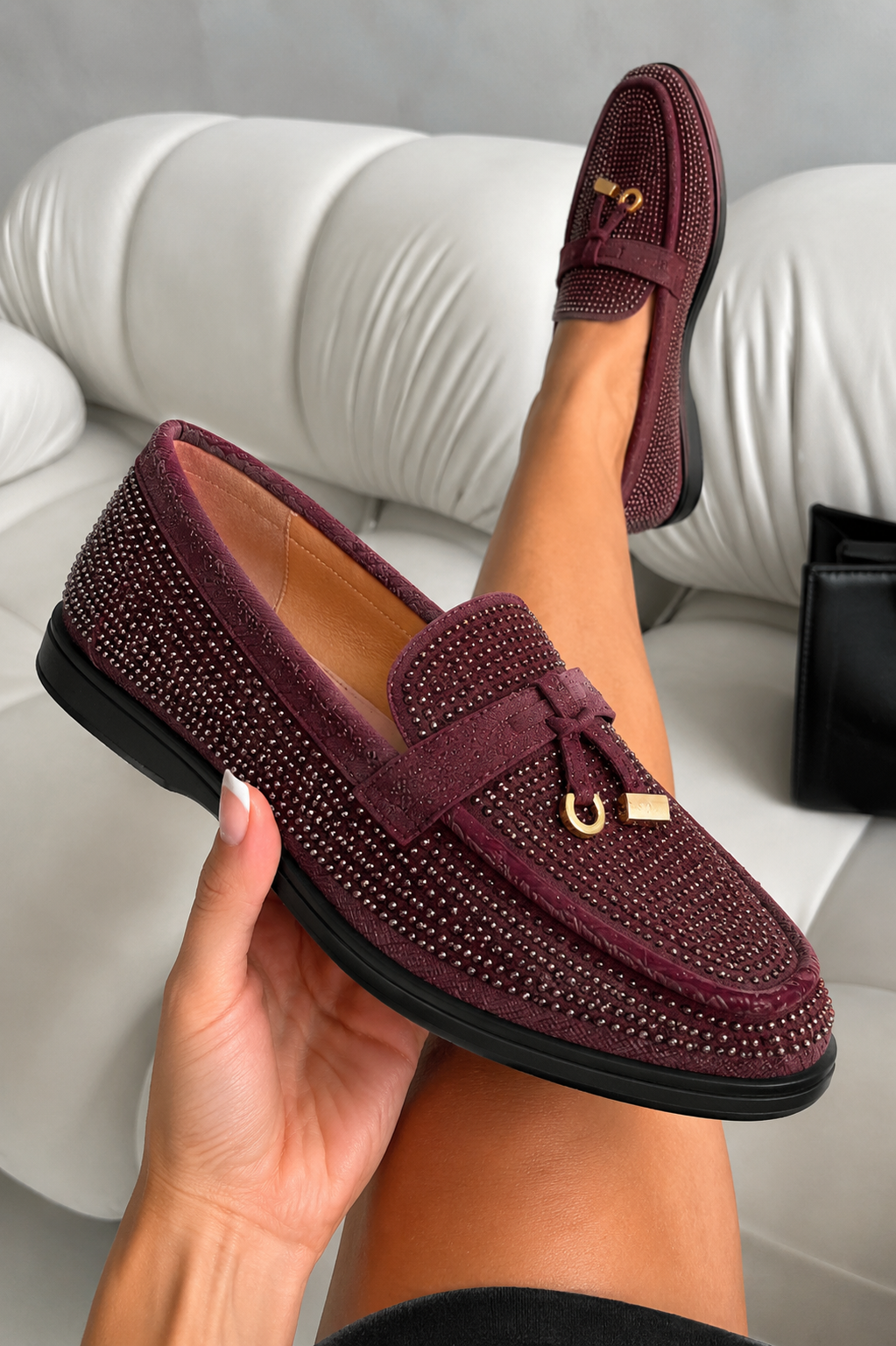 Sparkly Sloane Embellished Flat Loafers Burgundy
