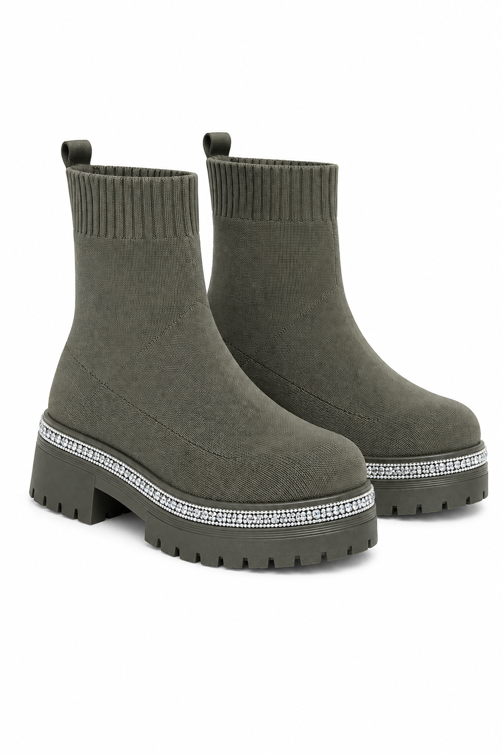 Sparkly Stretch Chunky Sock Ankle Boots Khaki