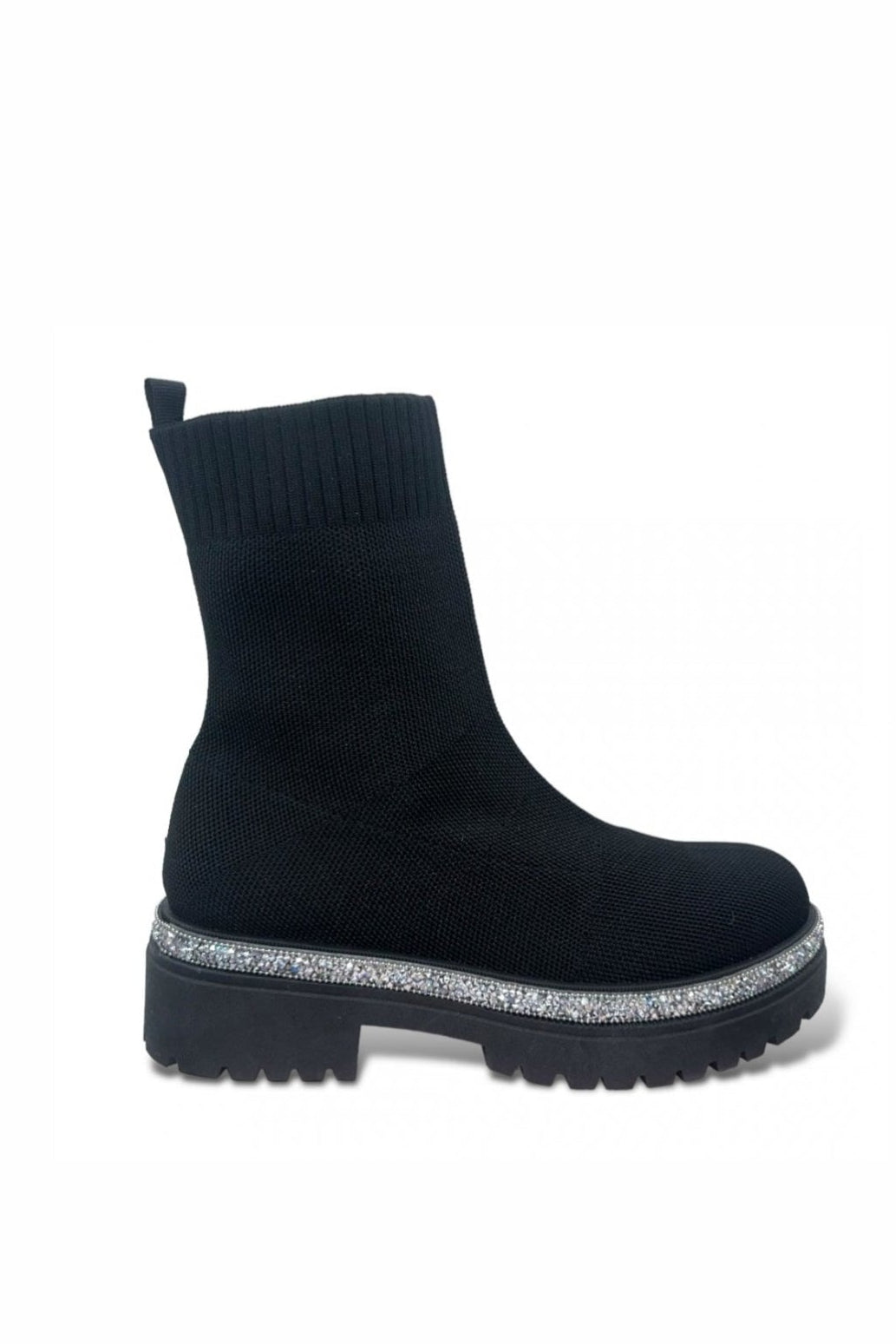 Black sock boot with a glittery platform sole on a white background