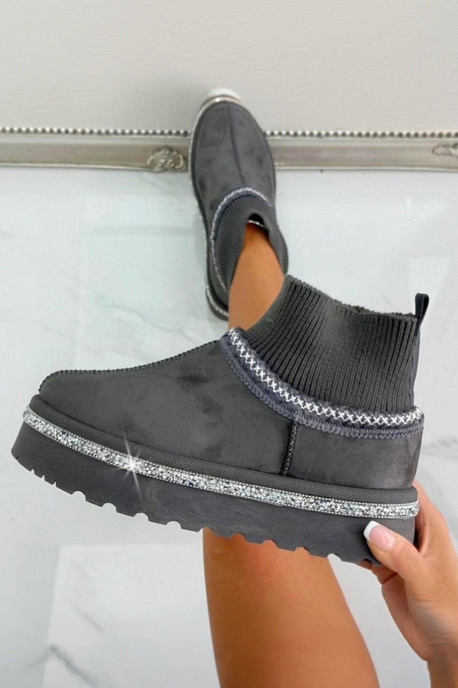 Sparkly Stretch Sock Warmer Mini Snugg Slipper Boots Grey