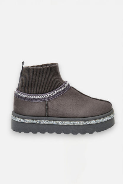 Sparkly Stretch Sock Warmer Mini Snugg Slipper Boots Grey, showcasing platform style