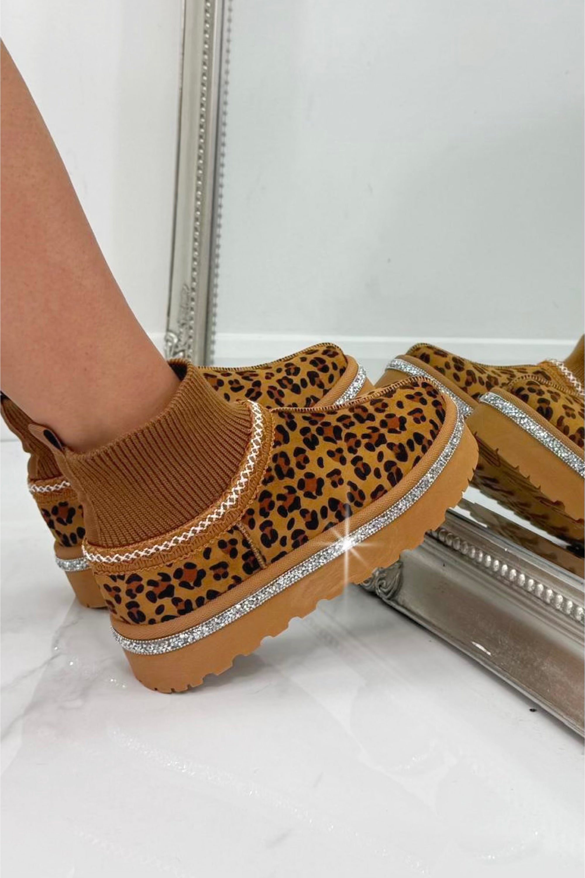 Sparkly Stretch Sock Warmer Mini Snugg Slipper Boots Leopard