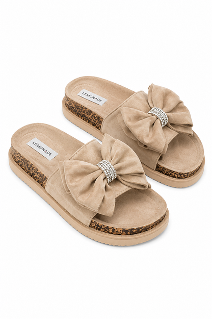 Sparkly Velvet Bow Platform Sliders Beige