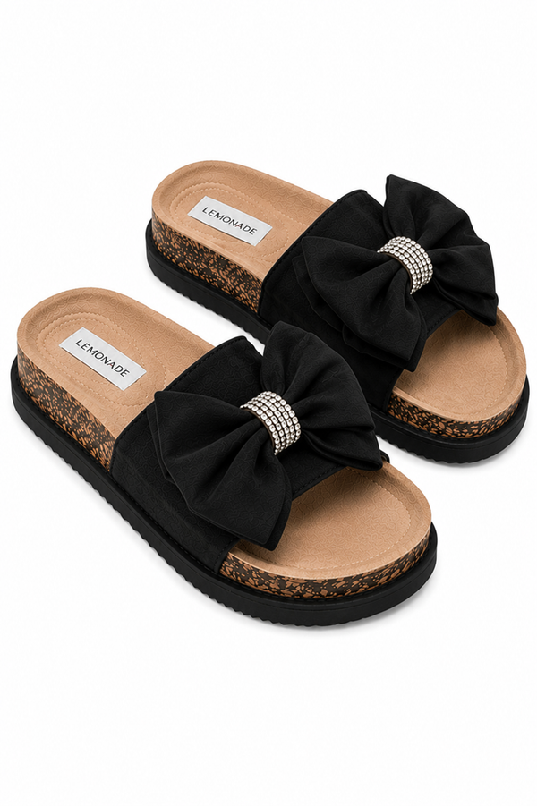 Sparkly Velvet Bow Platform Sliders Black