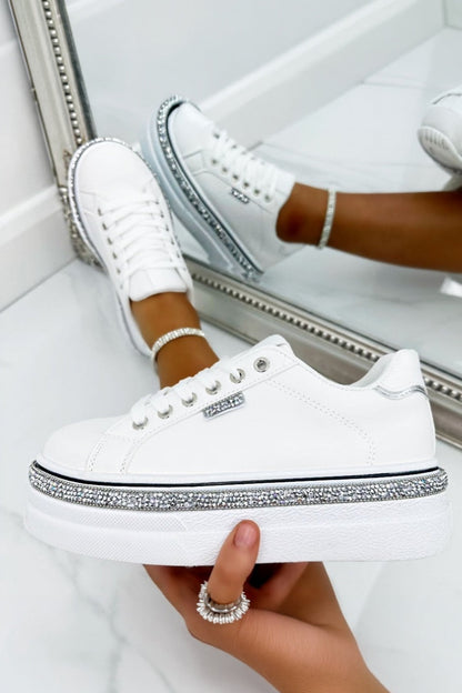 Sparkly Wedge Trainers White with Crystal Trim
