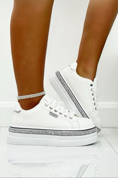 Sparkly Wedge Trainers White with Crystal Trim