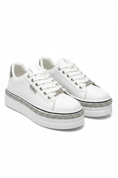 Sparkly Wedge Trainers White with Crystal Trim