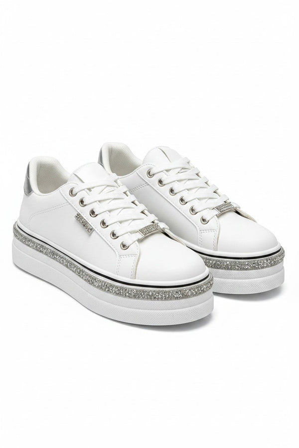 Sparkly Wedge Trainers White with Crystal Trim