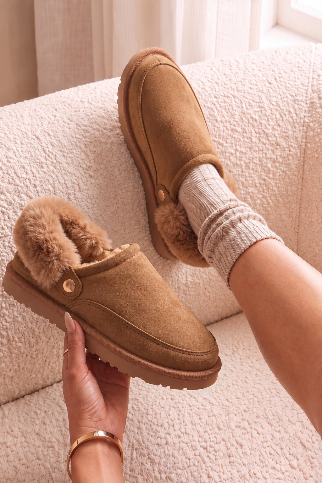 Sasha Faux Suede Fur Lined Mule Slippers Tan