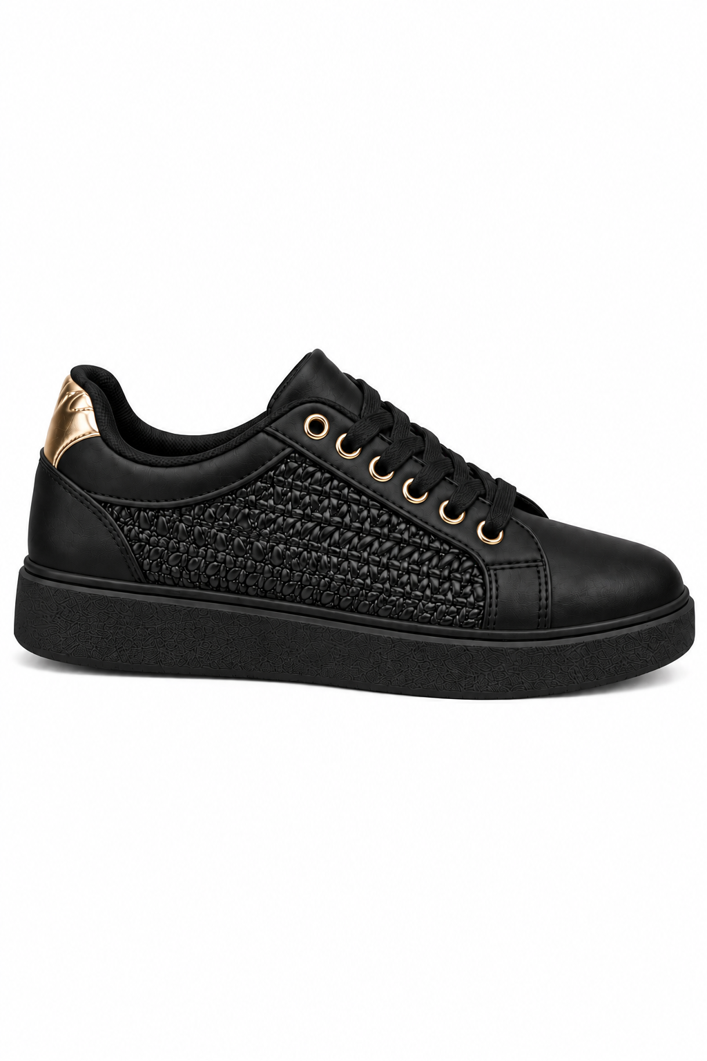 Talia Faux Leather Woven Panel Detail Lace Up Trainers Black