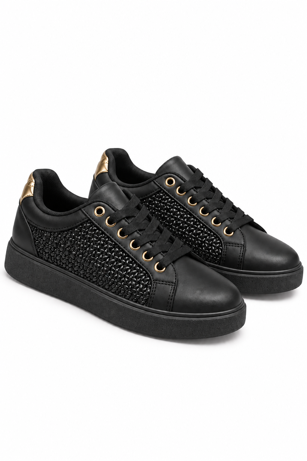 Talia Faux Leather Woven Panel Detail Lace Up Trainers Black