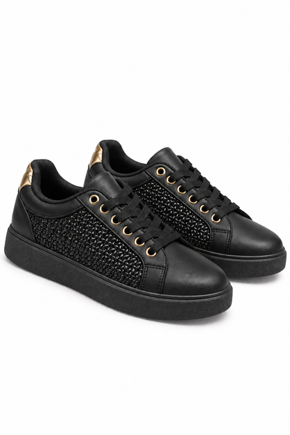 Talia Faux Leather Woven Panel Detail Lace Up Trainers Black