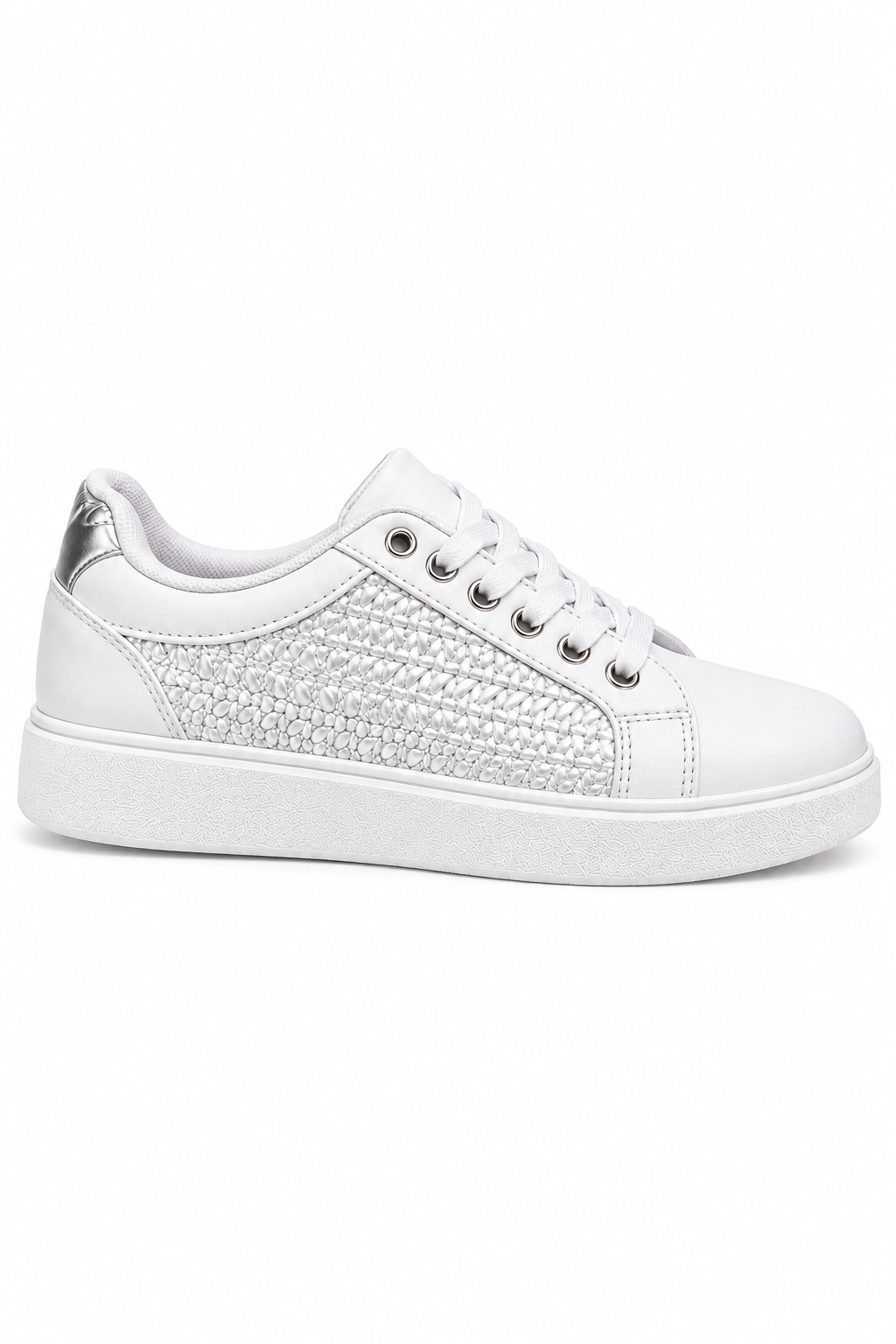 A white low-top sneaker with a textured, woven pattern on the side panel, white laces, and a white sole, shown against a plain white background.