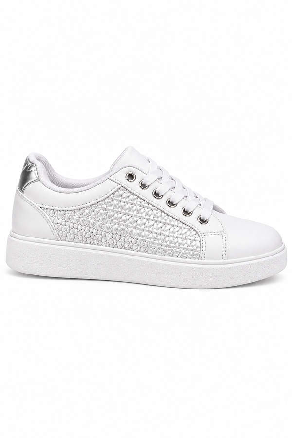 A white low-top sneaker with a textured, woven pattern on the side panel, white laces, and a white sole, shown against a plain white background.