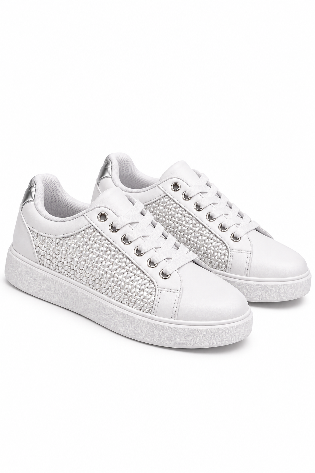 A pair of white low-top sneakers with textured woven side panels and silver metal eyelets, shown on a clean white background.