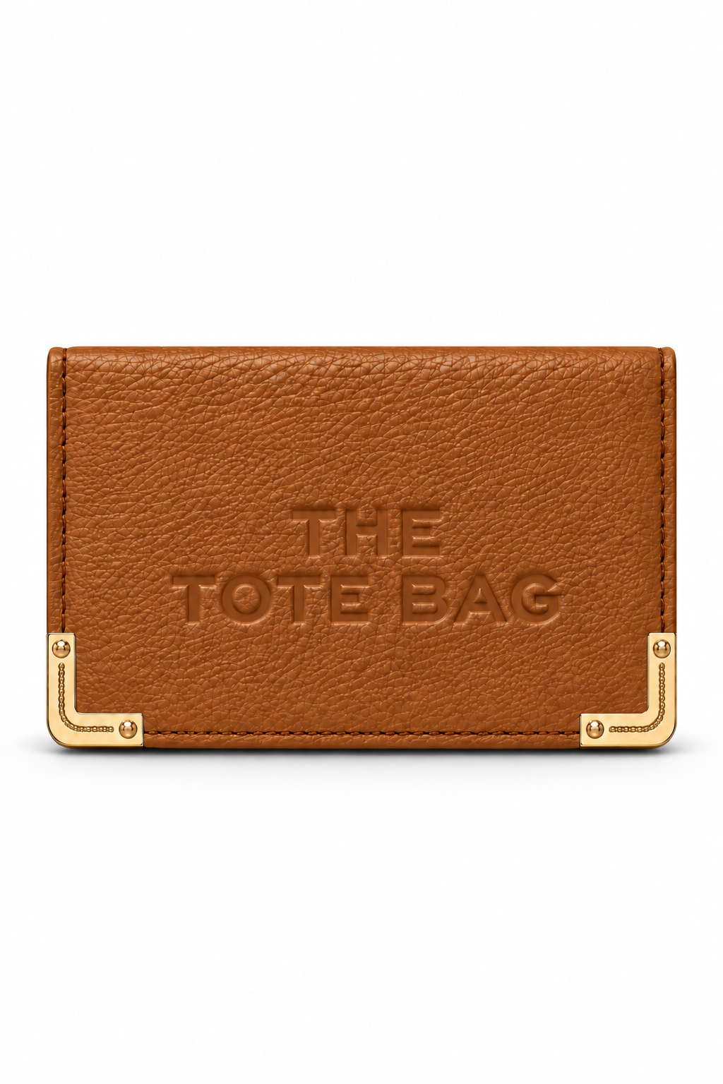 A tan textured leather tote bag with gold-tone metal corner protectors and embossed &