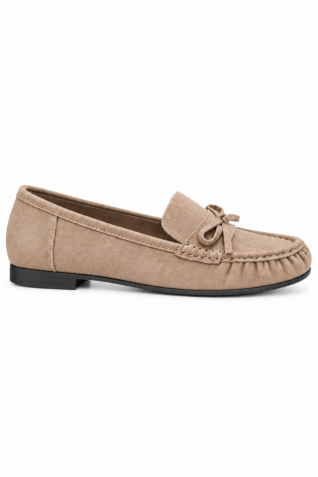 A single taupe suede moccasin loafer with a small bow detail on the vamp and a black sole, shown in profile against a plain white background.