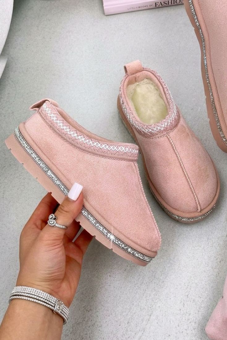 Little Lemmy Crystal Tazgirl Faux Fur Lined Mule Clog Slippers Pink