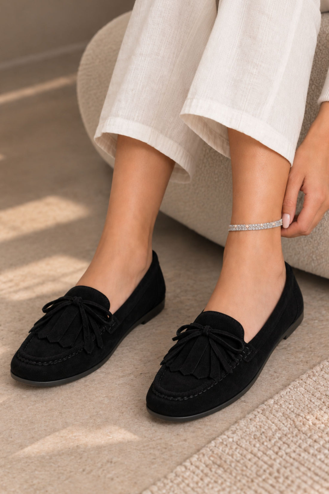 Tilly Faux Suede Bow Detail Moccasin Flat Loafers Black