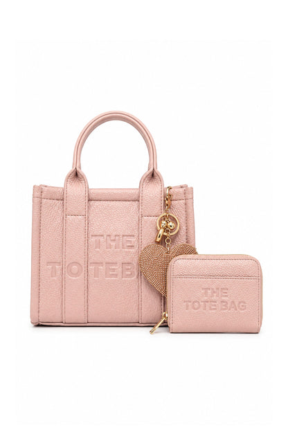Faux Leather Mini Tote Bag Pink, Zip Up Tote Bag Purse Pink &amp; Padded Heart Keyring Gold Bundle