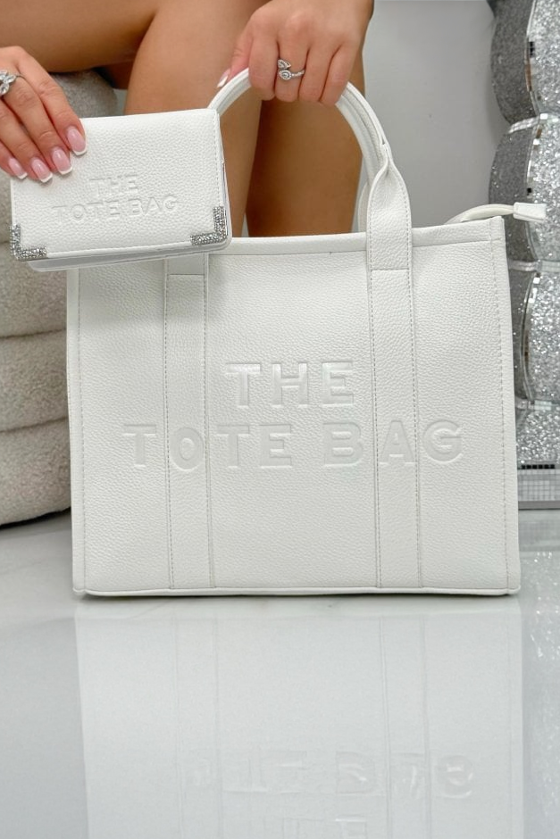 Faux Leather Large Tote Bag White &amp; Sparkly Tote Bag Purse White Bundle finished with striking white faux leather  with a textured, luxury feel