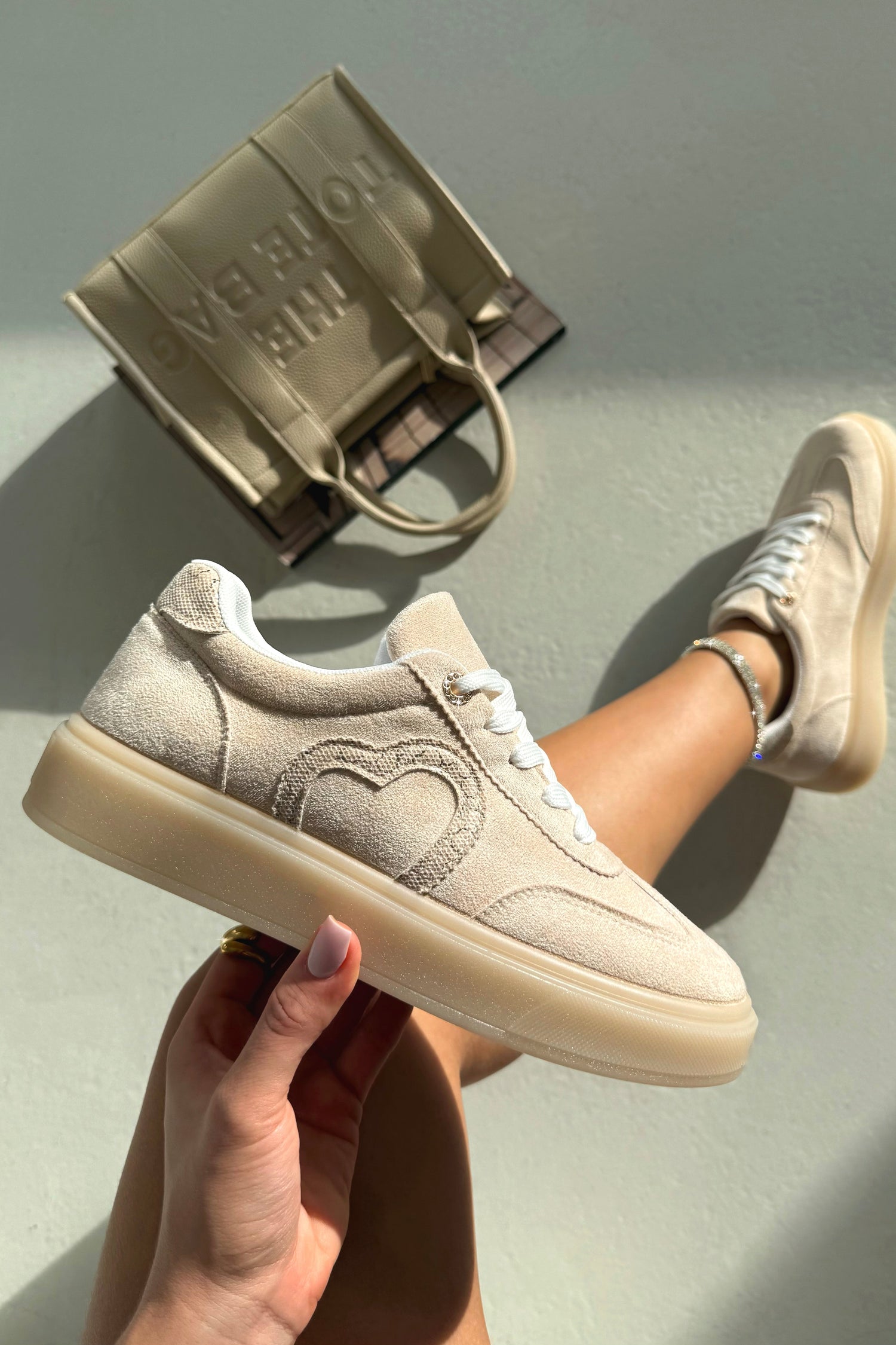 Crystal Cherish Heart Lace-Up Trainers Nude