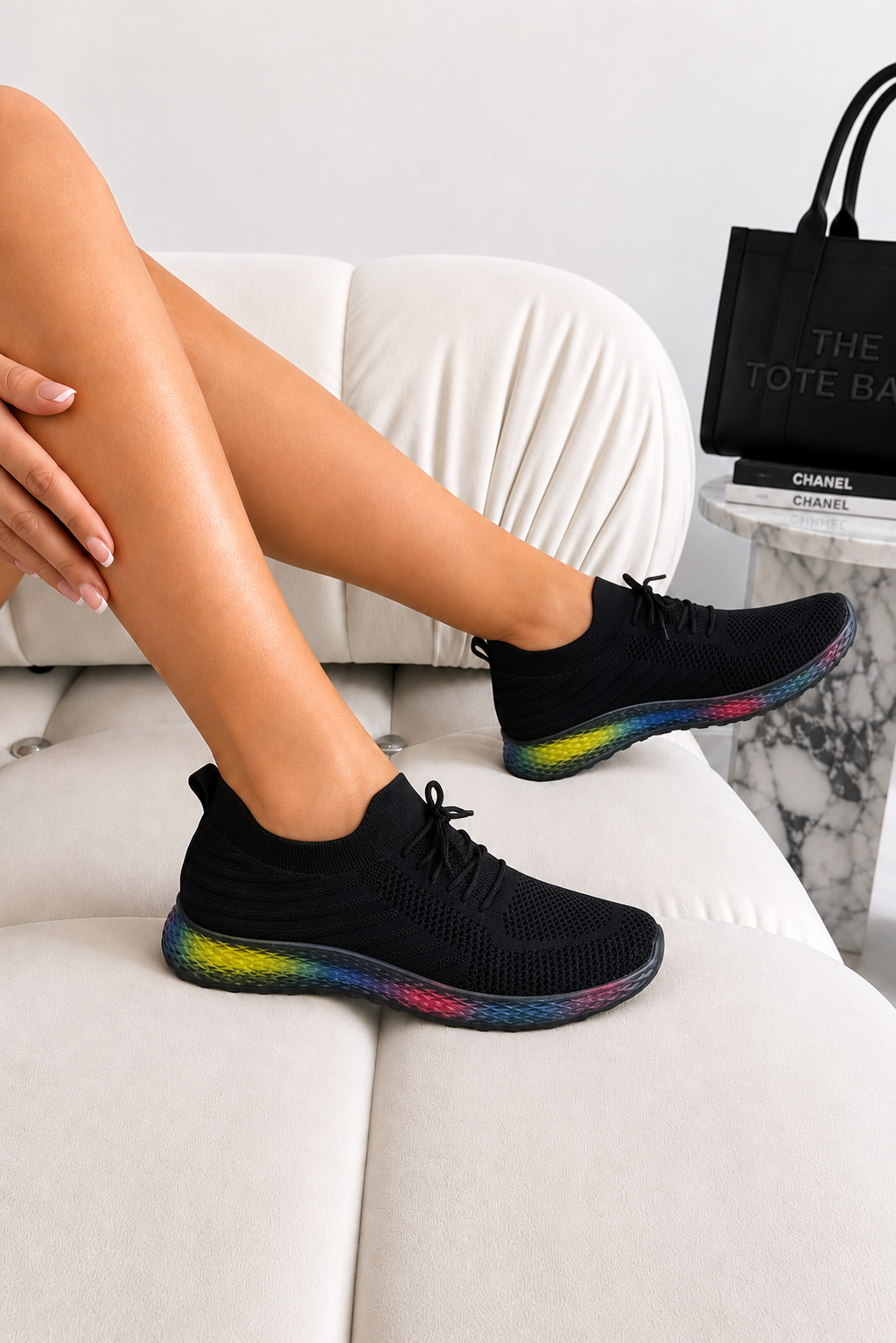 A person wearing black knit slip-on sneakers with a vibrant rainbow gradient sole, sitting on a white tufted sofa. A black tote bag and a marble side table are visible in the background.