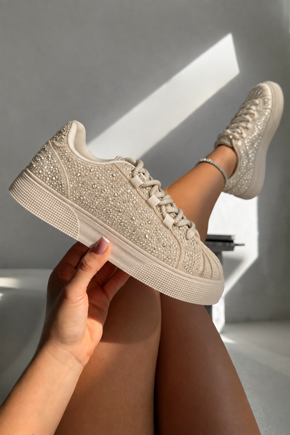 Crystal Embellished Aura Lace-Up Trainers Nude