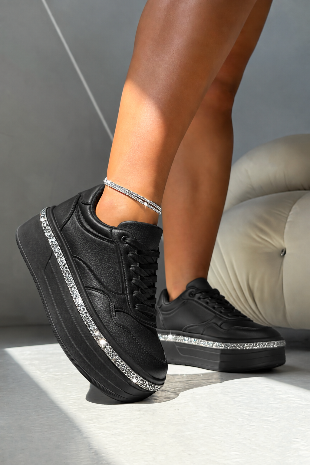 Crystal Diamante Trim Platform Trainers Black