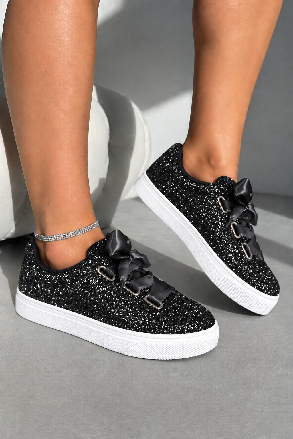 Sparkly Glitter Ribbon Lace Trainers Black
