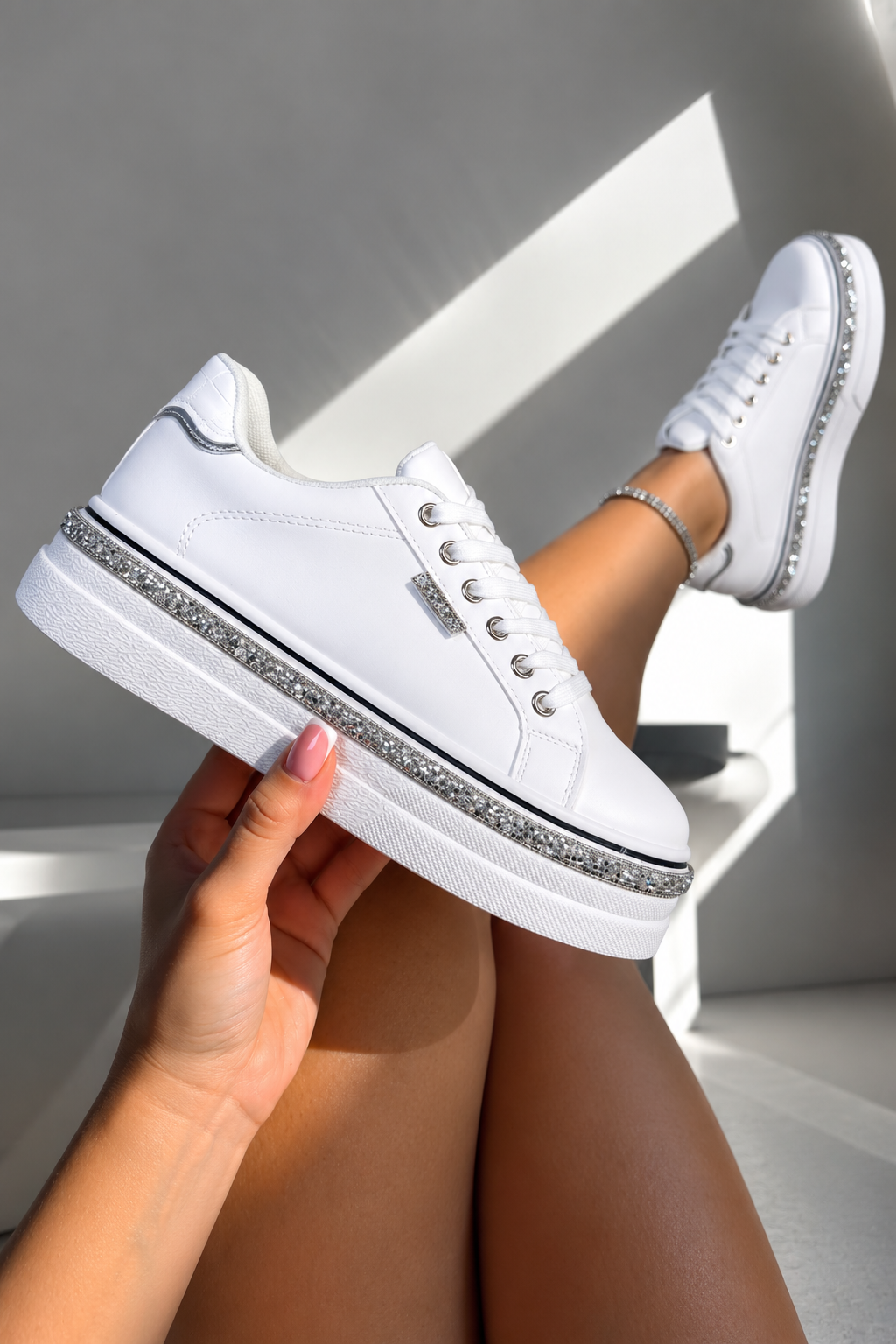 Sparkly Wedge Trainers White with Crystal Trim