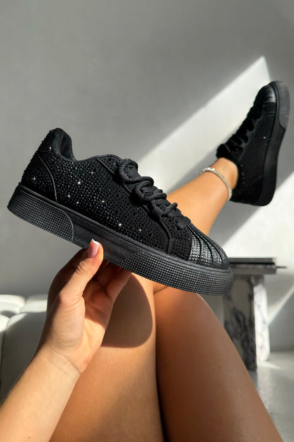 Crystal Embellished Aura Lace-Up Trainers Black designed with crystal embellished detailing
