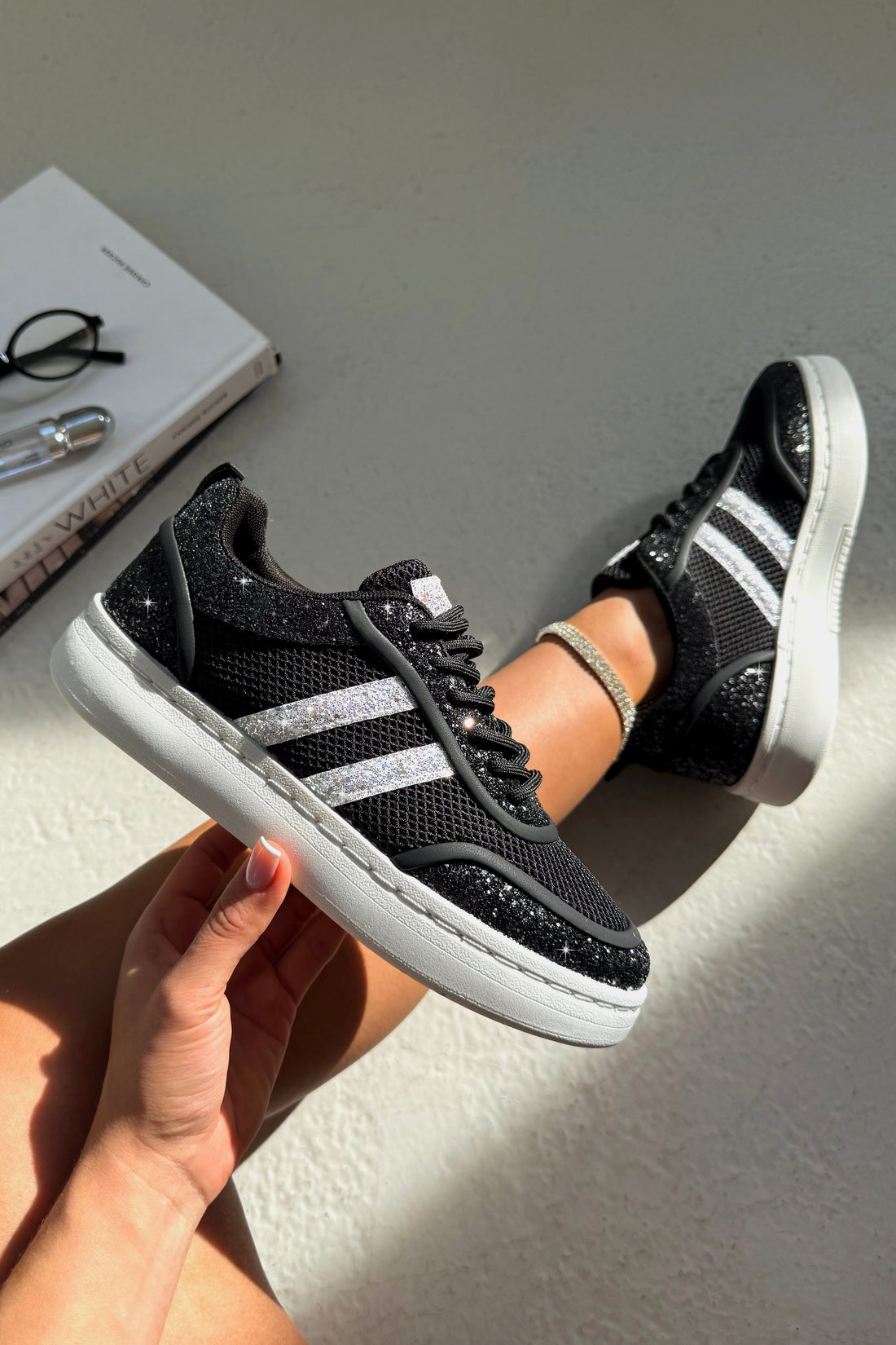 Crystal Nova Sparkle Stripe Lace-Up Trainers Black finished with glitter and sparkle panel detailing