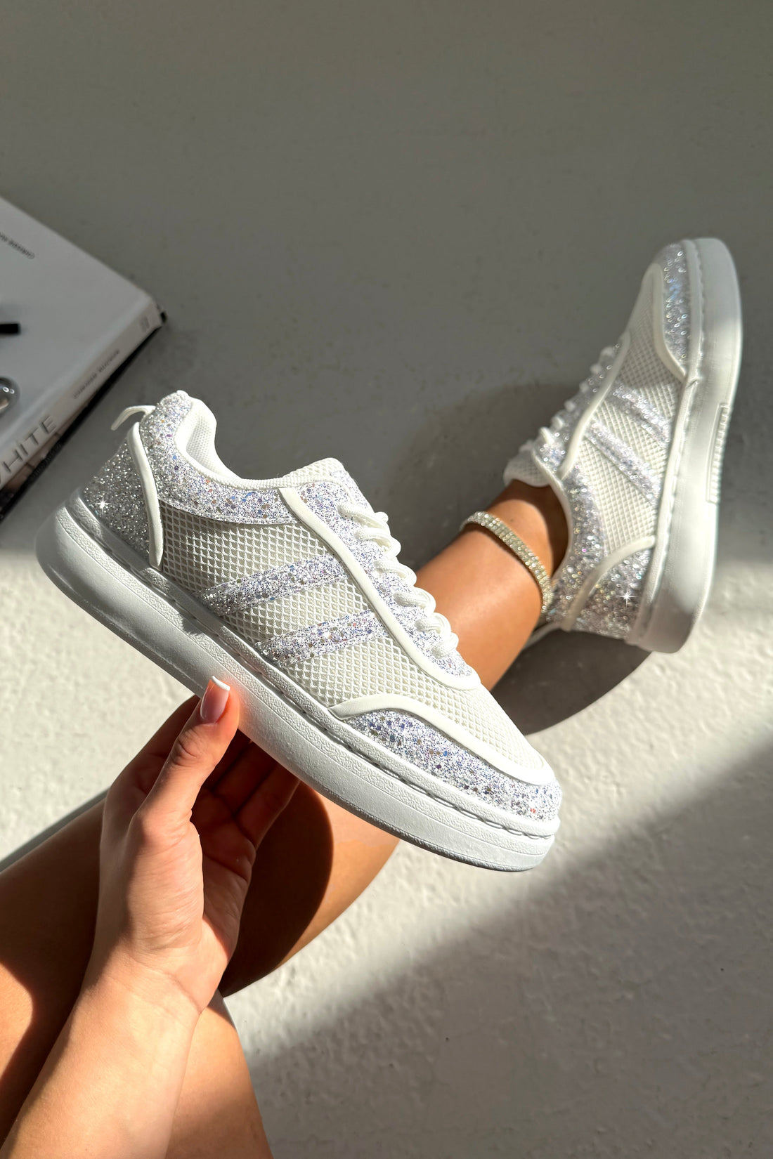 Crystal Nova Sparkle Stripe Lace-Up Trainers White with glitter and sparkle panel detailing