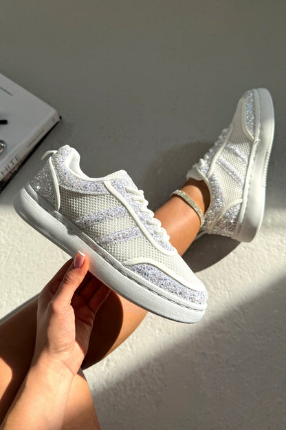 Crystal Nova Sparkle Stripe Lace-Up Trainers White with glitter and sparkle panel detailing