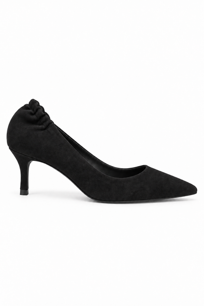 Valentina Ruched Stretch Back Faux Suede Pointed Toe Stiletto Heels Black