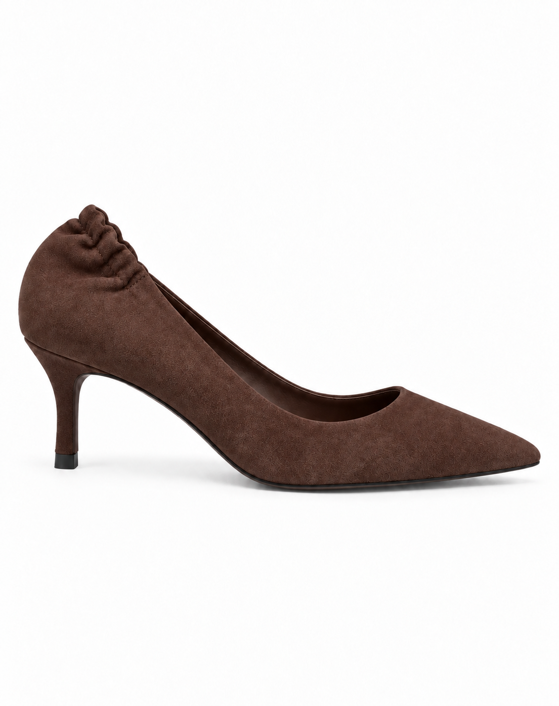 Brown faux suede high heel shoe on a white background