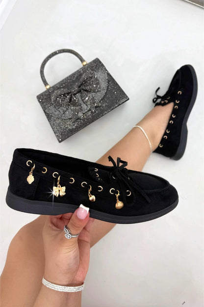 Velvet Charm Luxe Lace-Up Loafers Black