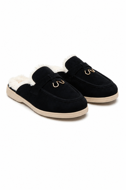 Velvet Crush Faux Fur Lined Slip-On Clog Mules Black