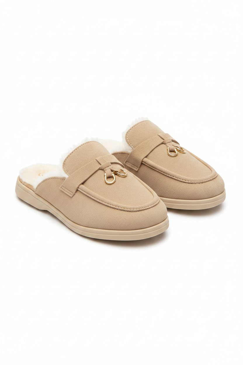 Velvet Crush Faux Fur Lined Slip-On Clog Mules Nude
