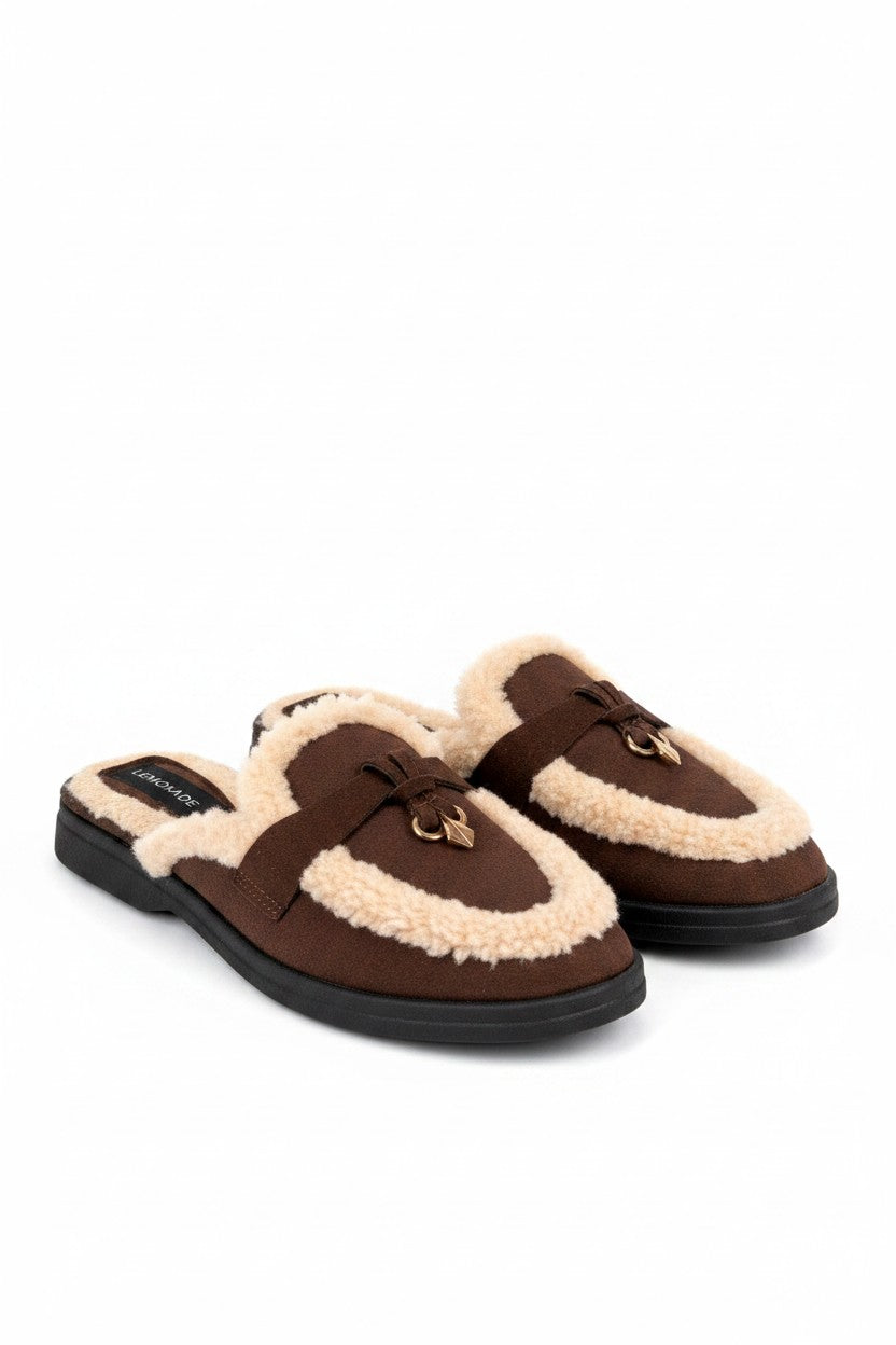 Velvet Crush Teddy Trim Slip On Clog Mules Brown