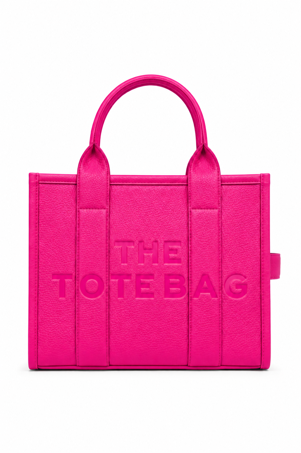 Hot Pink structured Tote bag with two rounded top handles, tonal embossed "THE TOTE BAG" lettering on the front, vertical stitched panels, matching pink stitching and a small side tab detail. White background. 