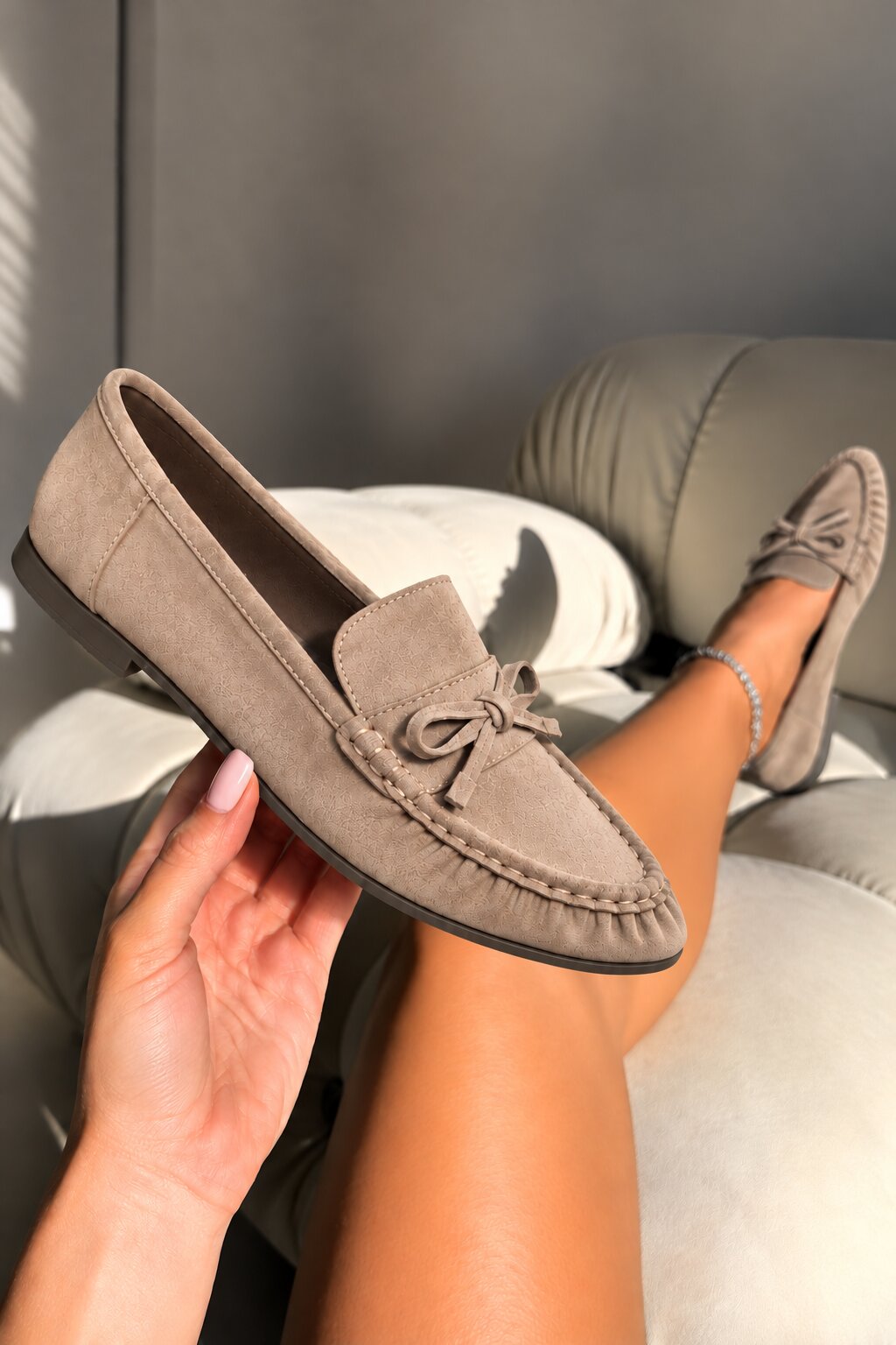 Sorelle Faux Suede Bow Trim Slip-On Loafers Beige