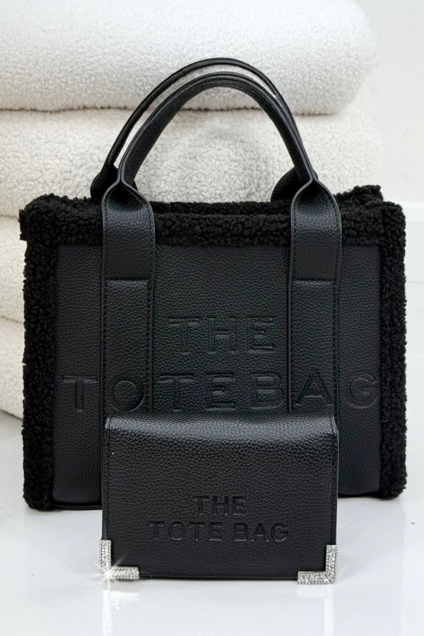 Winter Crush Medium Sherpa Handbag Black Noir &amp; Sparkly Tote Purse Black Bundle - perfect for gifting
