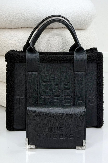 Winter Crush Medium Sherpa Handbag Black Noir &amp; Sparkly Tote Purse Black Bundle - perfect for gifting