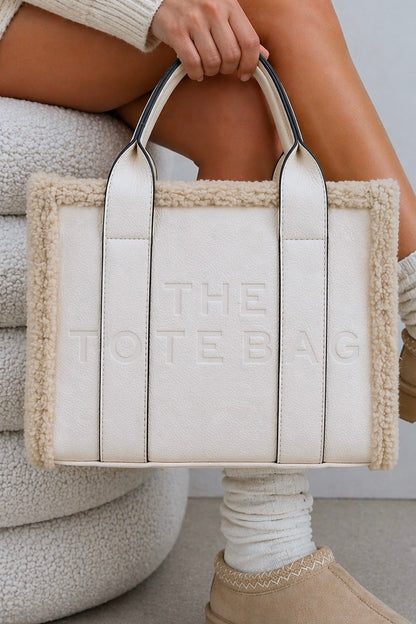 Winter Crush Medium Sherpa Handbag Nude featuring faux pebbled leather with faux sherpa trim